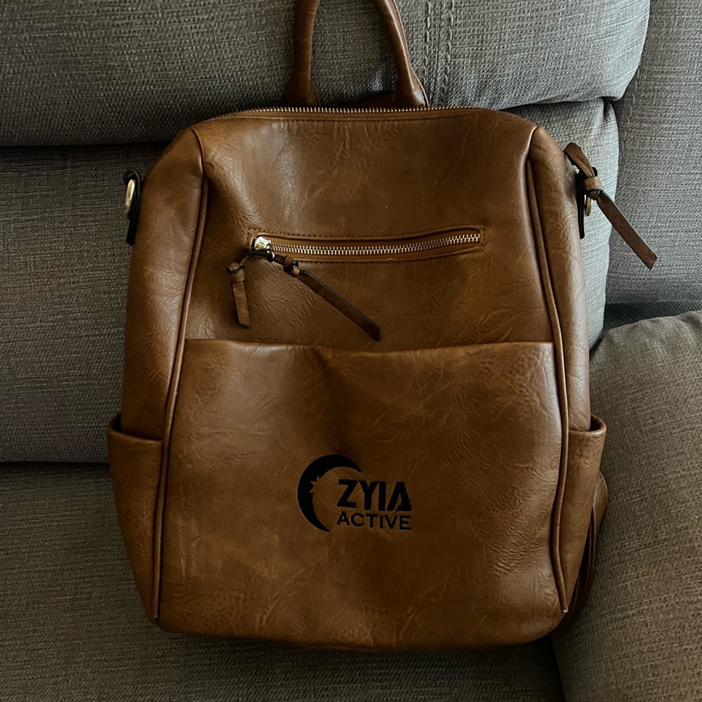Tan Leather Backpack with Zyia Active logo